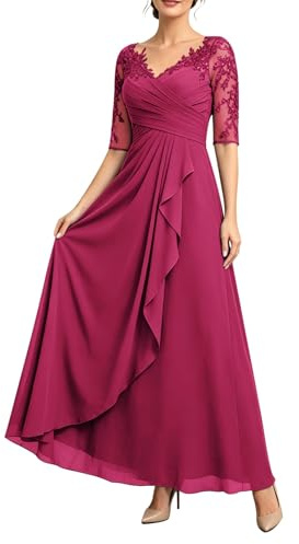 WSEYU Vestido elegante de gasa con apliques de encaje para madre de la novia, de manga corta, formal, para invitados de boda, ZMM035, fucsia, 48 Grande