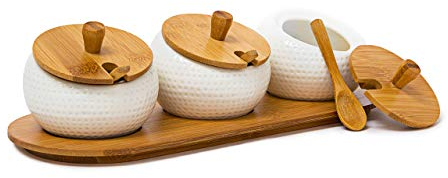 Relaxdays 3 Pots d'épices JIAO en céramique Ménagère Couvercle et plateau en bambou Accessoire table à manger avec cuillères en bambou style asiatique, couleur naturelle, Bois(Marron), 30.5 x 12 x 8.5 cm