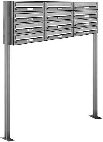 AL Briefkastensysteme 12er V2A Edelstahl Stand Briefkasten rostfrei als 12 Fach Briefkastenanlage Freistehend DIN A4 in Postkasten Design modern