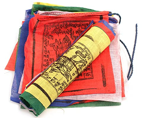 YAKEBA | Tibetische Gebetsfahne - 4,20 Meter | 20 Fähnchen (je 17x17cm) | 100% Baumwolle | Traditioneller Holzmodeldruck | Wimpelkette Stoff outdoor | Fahne Garten