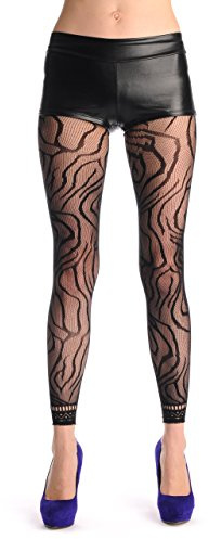 LissKiss Black Tiger With Lace Trim Footless Fishnet - Schwarz Blickdicht Netzstrumpfhose Ohne Fuß (Leggings) Einheitsgroesse (34-42)