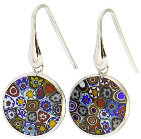 Glas Venedig italienische Murano -Glasohrringe baumeln Sie rund um Multicolor -Millefiori -Blume in Sterlingsilber - Murano -Glasohrringe für Frauen