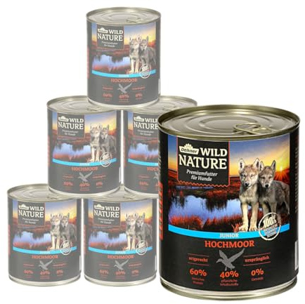 Dehner Wild Nature hundmat hög moor, våtfoder spannmålsfri/sockerfri, för valpar och unga hundar, fåglar/anka, 6 x 800 g (4,8 kg)