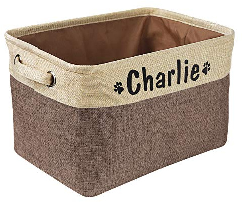 PET ARTIST Collapsible Dog Toy Storage Basket Bin with Personalized Pet's Name - Rectangular Storage Box Chest Organizer for Toys, Coats, Clothing (Coffee, M:38cm*28cm*23cm)