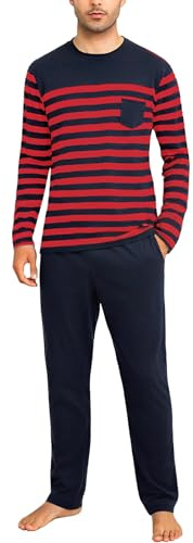 Irdcomps Schlafanzug Herren Pyjama Lang Baumwolle Winter Zweiteilige Nachtwäsche Männer Set Langarm Gestreift