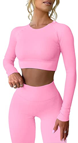 MAYROUND Workout Outfits für Frauen 2 Stück Gerippte Langarm Crop Top mit hoher Taille Yoga Leggings Sets