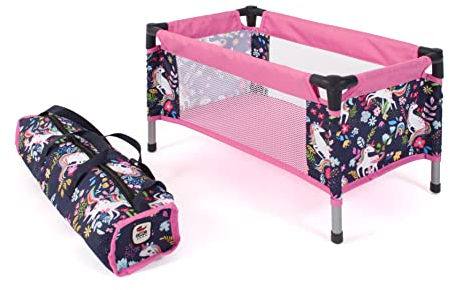 Bayer Chic 2000 - Reisebett für Baby-Puppen bis 48 cm, Puppenbett, Puppenreisebett, Puppenmöbel, Puppenzubehör, Einhorn, Navy-pink