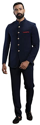 ELINA FASHION Bandhgala Veste Jodhpuri Nehru pour homme avec pantalon | Vêtement de fête indien cousu prêt à l'emploi, bleu marine, XL