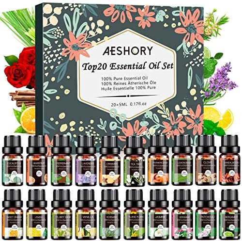 AESHORY Set di Oli Essenziali per Diffusori Umidificatore 20 x 5ML, Olio Essenziale Naturali per Aromaterapia, Candele Fai Da Te, Profumate, Massaggio, SPA - Lavanda, Tea Tree, Citronella, Incenso