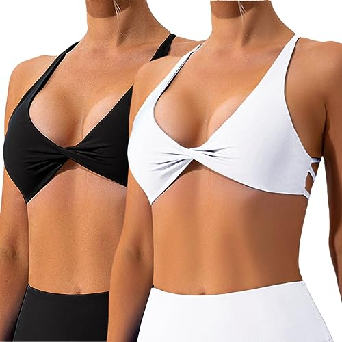 Vertvie Sport BH Damen Rückenfrei Tiefe V Ausschnitt Sexy Yoga Bra Gepolstert Bustier Push up Bralette Twist vorne Gym Workout Fitness(2pc: Schwarz + Weiß,S)