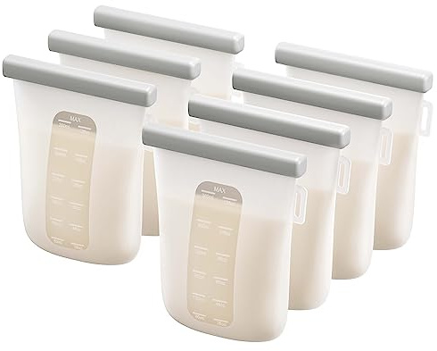 Nuliie 7 Uds Silicona Bolsas Leche Materna Reutilizable, 12oz/360ml Bolsas Leche Materna Congelar Doblemente a Prueba de Fugas, Sin BPA Autoportantes Bolsas Almacenamiento Leche Materna
