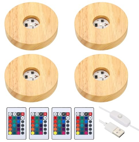 Patikil 4 Pcs Wooden Stand Base 3.9, 16 Color LED Lights Display Base 1.5Meter Line Length with Remote Control for Acrylic Night Light 3D Crystal Glass Resin Art, Round
