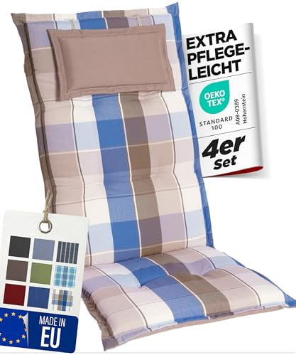 gardisun Gartenstuhlauflagen Hochlehner mit Kopfteil I Extra Dicke Sitzauflagen I Made in Europe I Polsterauflagen für Hochlehner I Auflagen mit extra hohem Komfort I 4er Set I Blau-Braun-Kariert
