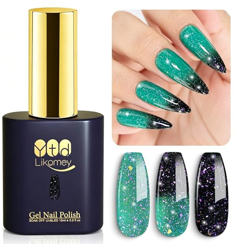 YTD Likomey UV Nagellack Farbwechsel Thermo Farbgel,15ml Grün Dunkelgrün Mehrfarbige Pailletten Gel Chamäleon Nagelgel UV/LED Color Change Gellack Gel Nail Polish,WB349