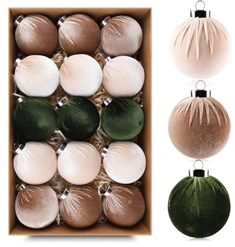 Christmas Tree Ornaments Velvet Balls - Pack of 15pcs Shatterproof Xmas Bulbs Decorations Set - Multicolor Green Brown Neutral, 80mm 3.15 inch