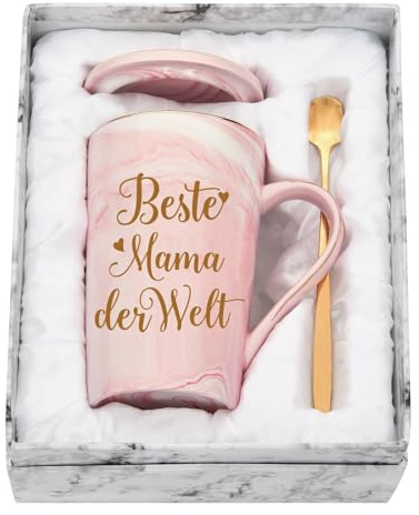 Diztoud Muttertagsgeschenke für Mama, Mutter Geschenk Muttertag, Beste Mama der Welt Tasse, Geschenk für Mütter, Geburtstagsgeschenk, 400ML Rosa Keramik Marmorbecher mit Deckel, Löffel, Geschenkbox