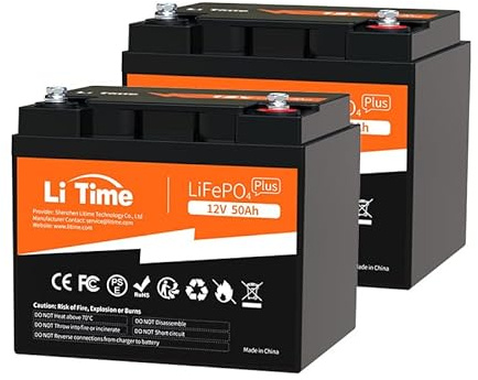 LiTime 2 Piezas Bateria Litio 12V 50Ah, Baterias Lifepo4 12V 50Ah, 4000+ Ciclos, 10 Años de Vida Útil, Salida Más Eficiente, Peso Más Ligero, Bateria Lifepo4 para Barcos Motor de Arrastre