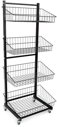 goodsforbusiness Rollständer mit 4 Körben H145xB60xT45cm, Korbständer aus stabilem Stahlrohr schwarz, Wühlkorb mit 4 Lenkrollen, platzsparender Verkaufsständer Korbregal für Kleinteile