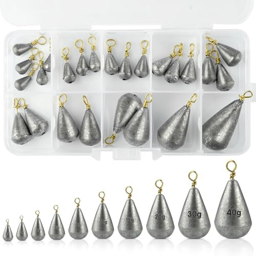 Peaken 25pcs Fishing Weights,10 Size Mixed 2g 3g 4g 5g 7g 10g 15g 20g 30g 40g,Small Fishing Weights Sinkers for River, Saltwater, Freshwater, Mackerel (B)
