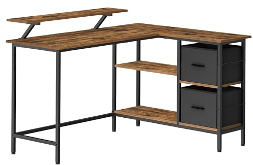 VASAGLE L-förmiger Schreibtisch, 2 geräumige Schubladen, Computertisch mit Monitorständer, Eckschreibtisch, Gaming-Tisch mit Verstellbarer Ablage 135 x 105 cm vintagebraun LWD098B01