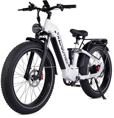 RZOGUWEX Elektrofahrrad, 26-Zoll-Offroad-EBIKE für Erwachsene mit abnehmbarem 48-V-25-Ah-Lithium-Ionen-Akku, 7 Gängen mit Doppelstoßdämpfern und doppelter hydraulischer Scheibenbremse (Weiß)