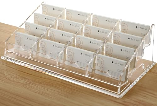 SANRUI Acryl-Visitenkartenhalter für den Schreibtisch, horizontal, transparent, Visitenkartenständer, Visitenkarten-Organizer, 16 Fächer