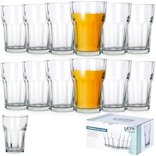 Vilde Lot de 12 verres à eau, verres à jus universels, haute résistance aux chocs, verres à jus, verres longs, gobelets en verre, 360 ml, 12 pièces