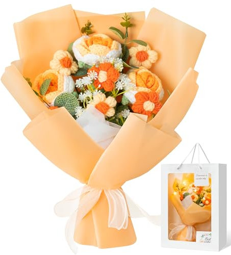 TirEurt Häkeln Blumen Strauß gestrickte Rose Gänseblümchen Sträuße mit String Licht handgemachte Baumwolle künstliche abgeschlossen Bouquet Dekoration Geschenk für Hochzeit Geburtstag Valentinstag