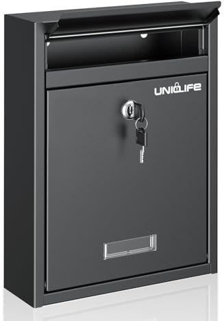 Uniclife Cassetta Postale a Muro per Esterno, Cassetta Postale Serratura, Cassetta Postale Grandeserratura a Chiave, Cassetta Postale Sicurezza Casa, Cassetta Sicurezza Chiavi, Cassetta Postale, Nero