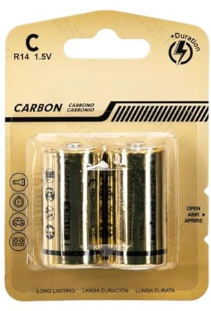 Pilas de Carbono-Zinc R14 C 1,5 V, 2 Unidades; Ideales para Dispositivos electrónicos y Juguetes.