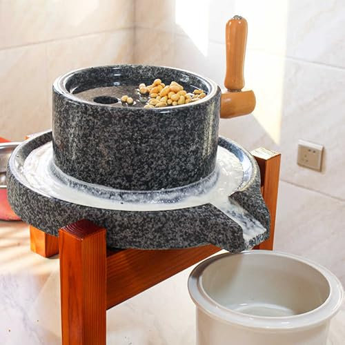 Vibeo Stone Grain Mill 8.6 x 13.8 Inch Natural Granite Grain Grinder with Bracket, Wheat Rice Nuts Soybeans Nutmeg Spice Coffee Beans Manual Grinder, Small Stone Decorative