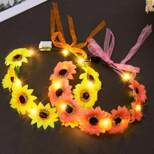 Zoestar LED-Sonnenblumenkronen-Stirnband, beleuchtete Girlande, Stirnbänder, Brautblumen, Kopfschmuck, Festival, Kostüm, Haarschmuck für Damen (2 Stück) (A, Einheitsgröße)