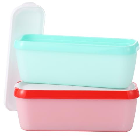 BOBASH Lot de 2 récipients à crème glacée de 1,5 l - Isolation à double paroi - Avec pile de couvercle - Forme fine - Passent au lave-vaisselle - Pour crème glacée - Rouge + vert