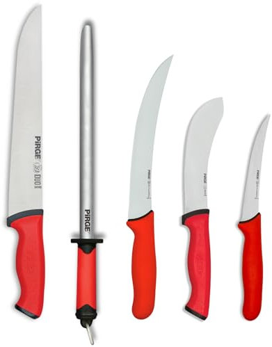 Pirge Set de 5 Couteaux de Boucher - Inclus Couteau 25cm, Désosseur, Écorcheur et Fusil à Aiguiser - Acier Inoxydable Pro - Ensemble Complet