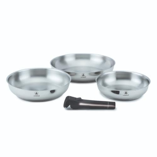 Laguiole Cuisson Set de 3 poêles | Inox 202 durable, Revêtement céramique Greblon® CK2, Poignée amovible, 3 tailles 20/24/28 cm, Induction, Four