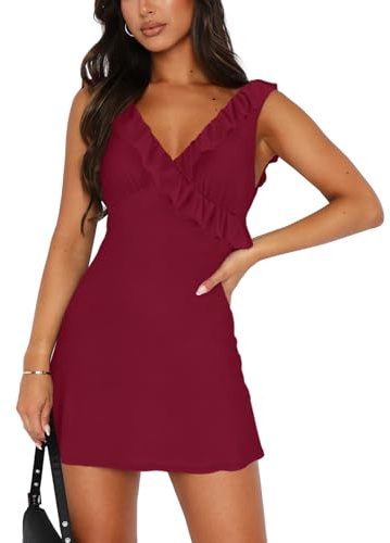 MIYIEONZ Women's Sexy V Neck Sleeveless Backless Ruffles Dress for Women Elegant Mesh Party Fitted Small Wine Red Cocktail Mini Dresses