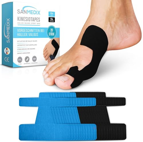 Sanmedix Hallux Valgus Cinta de kinesiología – 20 cintas de fisioterapia y deporte precortadas para dedo del pie y pie – Cinta de kinesiología precortada para dedos en martillo, amigable con la piel y