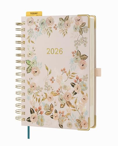 BEZEND Kalender 2026 Tagesplaner A5 1 Tag 1 Seite(Jan - Dez), Tageskalender mit Stündlichem Zeitplan und Monatsansicht, Terminplaner Spiralbindung Hardcover mit Lesezeichen Lineal, Rosa mit Blüten