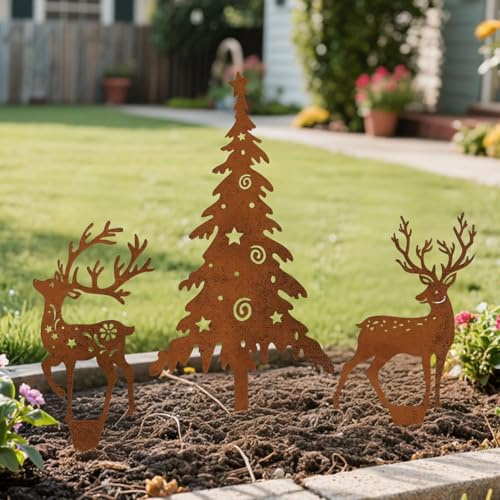 3er Set Gartenstecker Weihnachten, Rost Deko Weihnachtsgesteck Aus Metall, Weihnachtsbaum Und Hirsch Blumenstecker Weihnachten, Wetterfest Outdoor Weihnachtsdeko Für Advent, Garten, Terrasse(A)