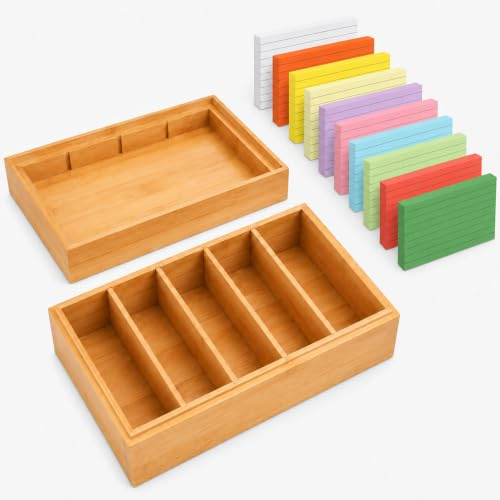 A7 Karteikasten mit 500 Karteikarten in 10 Farben, Holz Lernbox mit Deckel und 4 herausnehmbaren Trennwänden, Vokabelbox für Schule, Studium, Büro und Zuhause