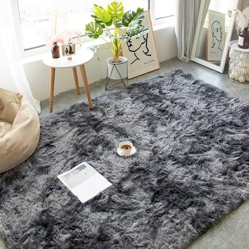 ANJIAJIE Hochflor Teppich Flauschig 100 x 160 cm Hochflor Langflor Weich Modern Unifarben Flauschig Extra Weicher Shaggy Teppich rutschfest für Schlafzimmer Küche Geeignet, Dunkelgrau