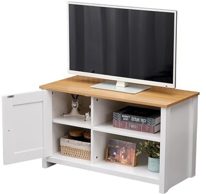 FUSIDE Modern TV Stand Unit with 1 Door and Adjustable Shelves 85cm Media Console for up to 50 inch TVs,Storage Cabinet & Oak Top, White/Grey (White+Oak)