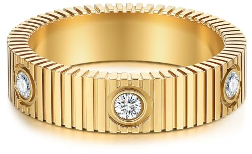 PDWZNBA Linear Stripe Textured Ring | 14K Gold-Plated Stainless Steel Promise & Friendship Ring, Wedding Band, Birthday Gifts for Women