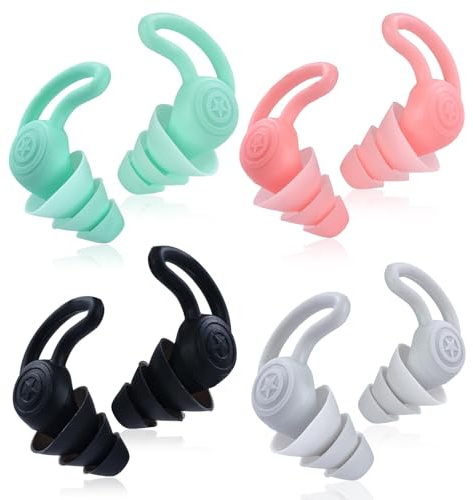 4 pares de tapones para los oídos para dormir, nadar, conciertos, tapones para los oídos reutilizables de silicona con reducción de ruido, 40 dB NRR, protección auditiva con cancelación de ruido