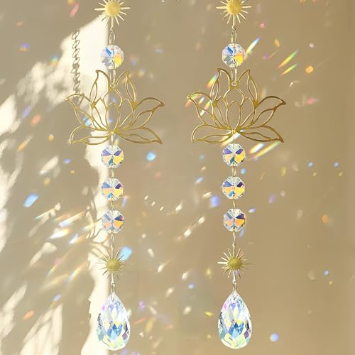 2 Stück Lotusblüten Sonnenfänger mit Kristallprisma aus Messing Fensterdeko | Eleganter Glas-Lichtfänger für Haus, Büro oder Auto – dekoratives Windspiel, Fensterdeko und stilvolle Geschenkidee.