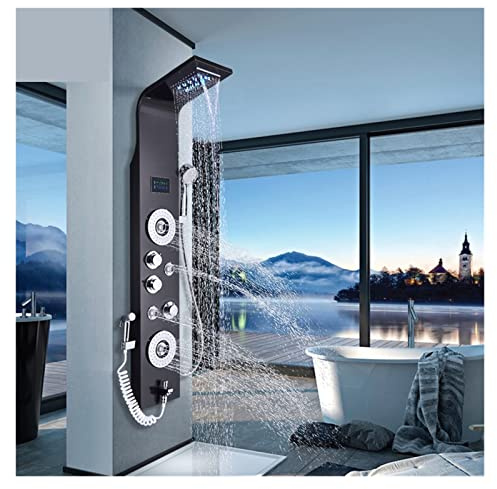 Columna de Ducha, Panel de ducha LED de níquel negro Seis funciones Columna de ducha Lluvia Cascada Ducha Masaje Spa Jets Bañera Ducha con bidé Grifos de baño(Black 9002)