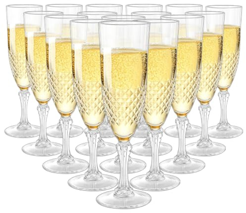Oungy 16 Pack Plastic Champagne Flutes, 180ml/6oz Clear Prosecco Glasses with Vintage Embossed Diamond Pattern, Reusable Plastic Champagne Glasses for Weddings, Parties, Celebrations, 22 x 5.8 cm