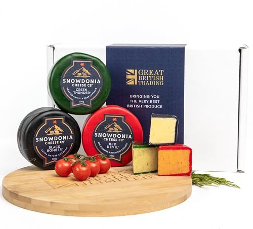 Snowdonia Cheese Company 3x Truckles Black Bomber Extra Mature Cheddar, Red Devil Red Leicester, Green Thunder Garlic & Herb Cheddar Gift Hamper From Great British Trading Limited