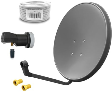 ARLI 60 cm HD Sat Anlage Single LNB + 20 m Koaxialkabel 135 dB + 2 F-Stecker Digital 1 Teilnehmer Antenne Grau UHD 4K FullHD