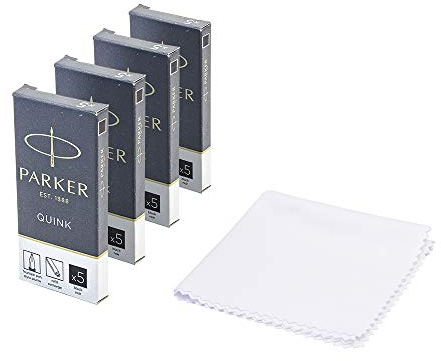 Parker Quink Fountain Pen Refills, Long Cartridges Black Ink, Pack of 20 with Polishing Cloth